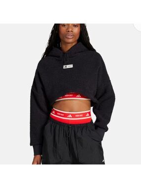 Adidas MOON BOOT Collab Women's Black Cropped Hoodie Sherpa fleece Sweatshirt L